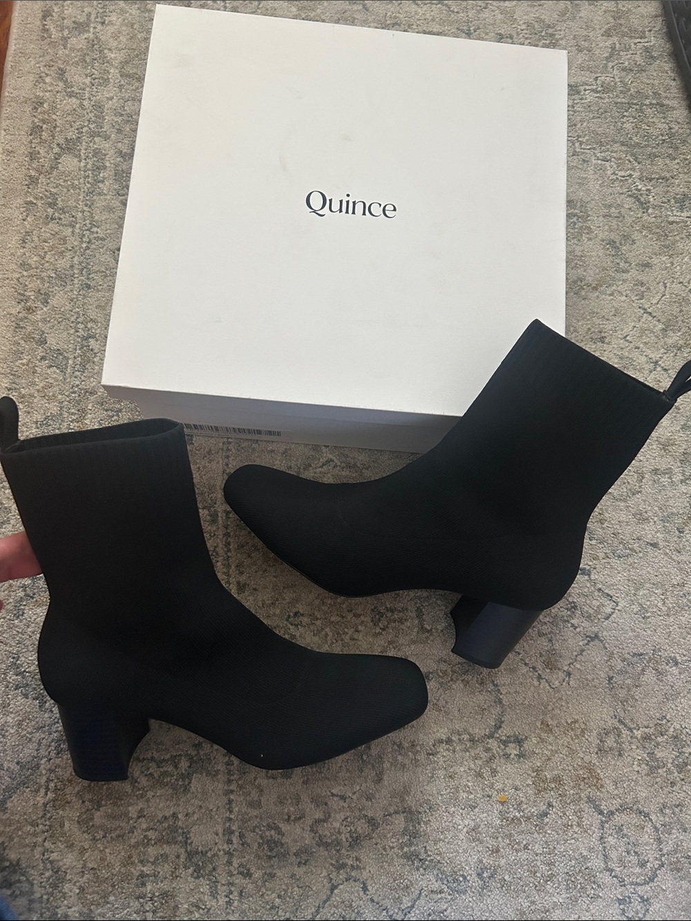Quince Black Stretch-Knit Block Heel Ankle Booties like New condition